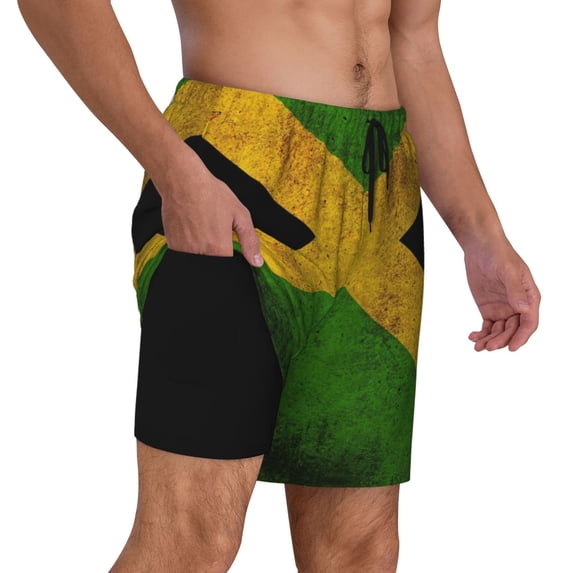 Mens Swim Trunks Jamaican Flag Quick Dry Board Shorts with Compression Liner