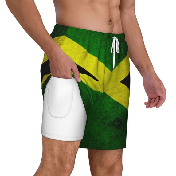 Mens Swim Trunks Jamaican Flag Quick Dry Board Shorts with Compression Liner