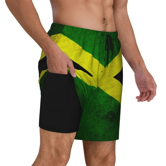 Mens Swim Trunks Jamaican Flag Quick Dry Board Shorts with Compression Liner
