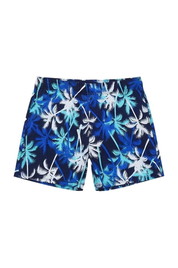 Mens Swim Trunks Lightweight Quick Dry Board Shorts Pool Party Blue White Palm Tree Print Bathing Suit