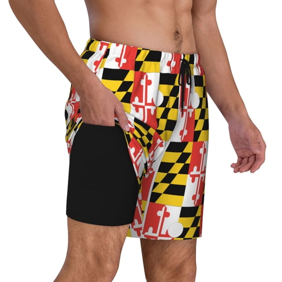 Mens Swim Trunks Maryland Flag Quick Dry Board Shorts with Compression Liner