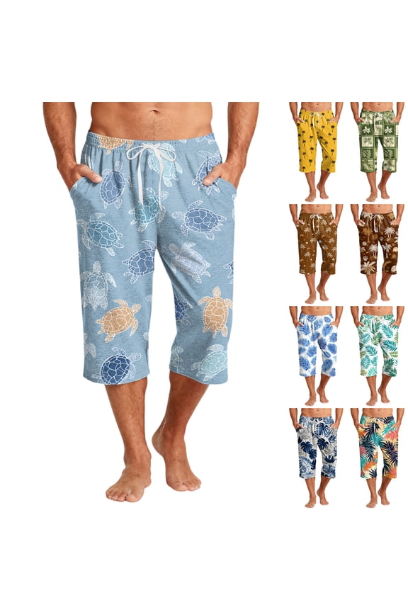 Mens Swim Trunks Men's Casual Resort Hawaiian Print Drawstring Cropped Capri Pants Summer Beach Swim Trunks with Elastic Waist Quick-Dry Shorts for Vacation Travel Green L