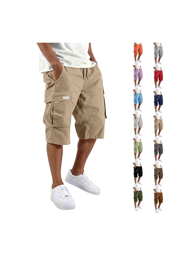 Mens Swim Trunks Men's Casual Workwear Multi-Pocket Drawstring Cargo Shorts Tactical Utility Crop Pants with White Label Summer Outdoor Hiking Fishing Shorts Gray M
