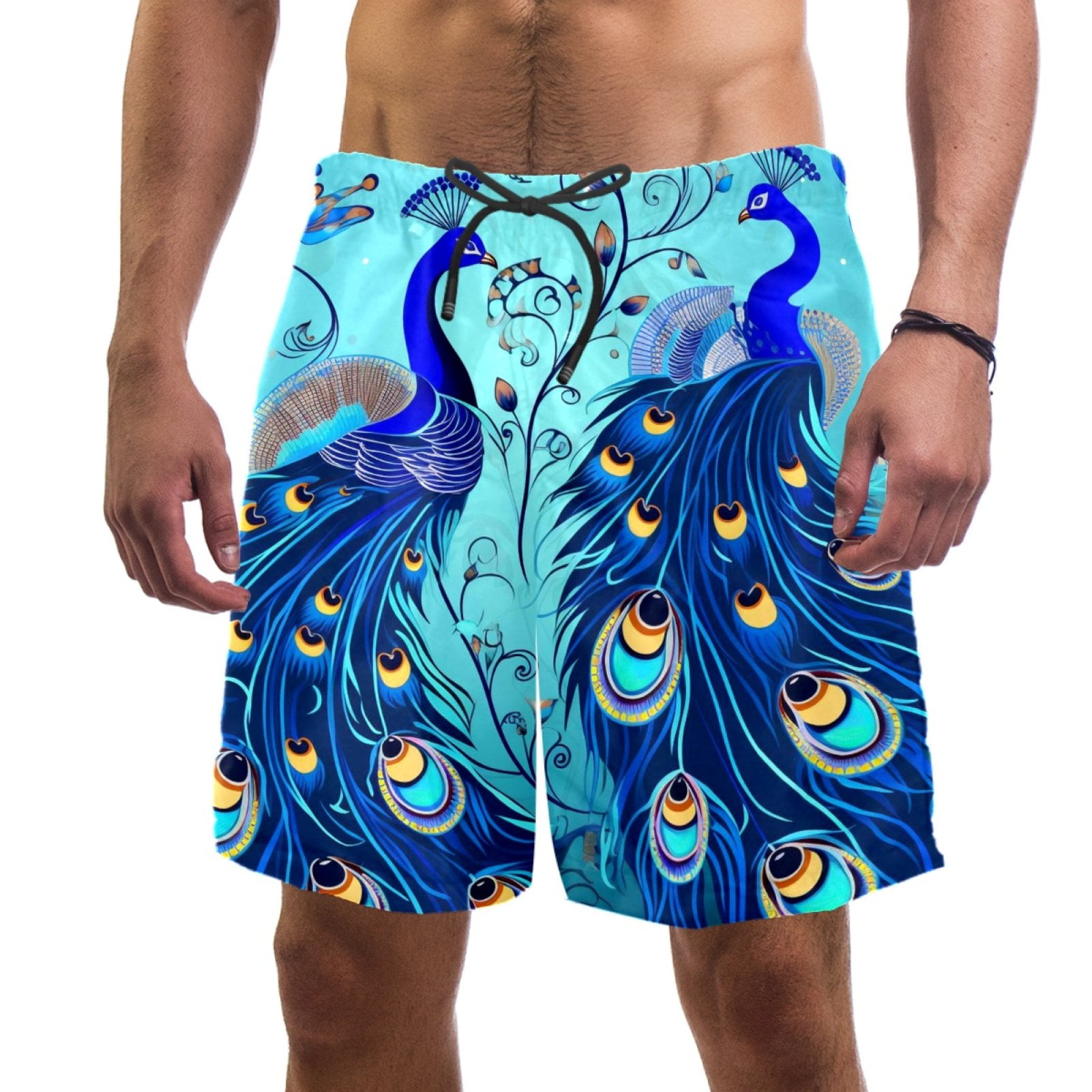 Mens Swim Trunks Men s Polyester Shorts Casual Elastic Waist Drawstring Summer Beach Shorts Blue Feather Peacocks XL Walmart