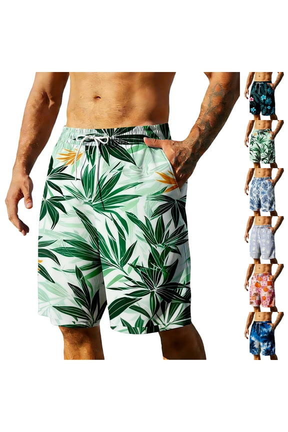Mens Swim Trunks Men's Summer Hawaiian Swim Shorts Resort Print Casual Crop Pants with Drawstring Elastic Waist Beach Bathing Suit for Vacation Luau Tropical Travel Pink L