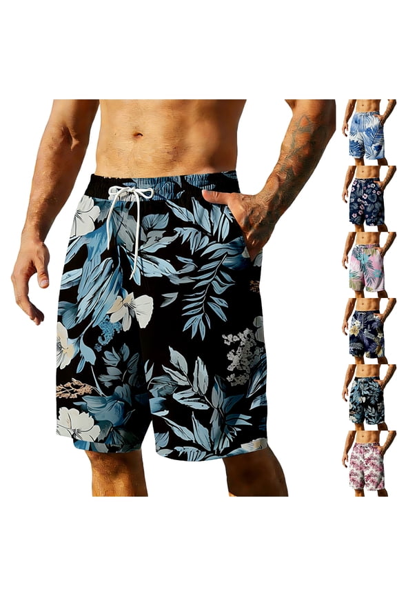 Mens Swim Trunks Men's Summer Hawaiian Swim Shorts Resort Print Casual Crop Pants with Drawstring Elastic Waist Quick-Dry Beach Swim Trunks for Vacation Luau Tropical Pink M