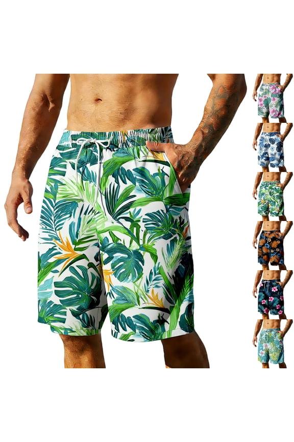 Mens Swim Trunks Men's Summer Hawaiian Swim Shorts Resort Print Casual Crop Pants with Elastic Waist Drawstring Quick-Dry Beach Bathing Suit for Vacation Pool Spring Red XL