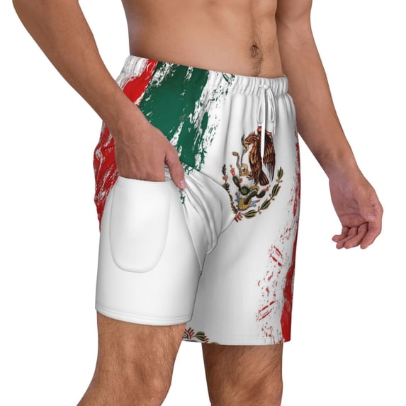 Mens Swim Trunks Mexican Flag Quick Dry Board Shorts with Compression Liner