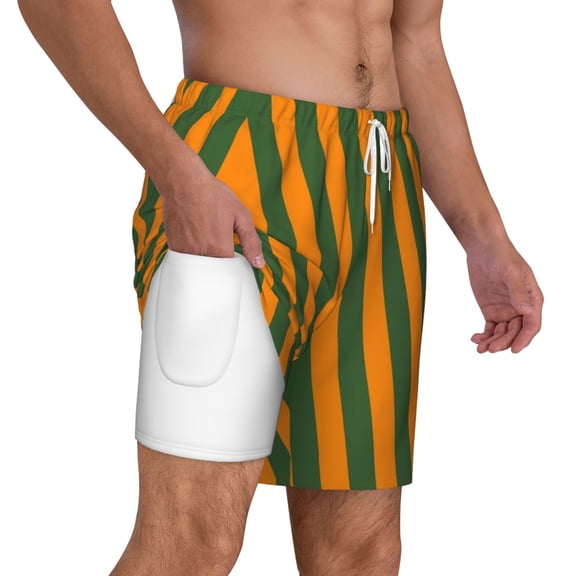 Mens Swim Trunks Orange Green Stripe Quick Dry Board Shorts with Compression Liner