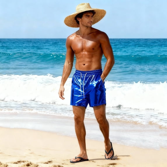 Mens Swim Trunks Plus Size Elastic Waist Shiny Metallic Straight Leg Boxer Shorts with Pockets Beach Swim Shorts S-5XL