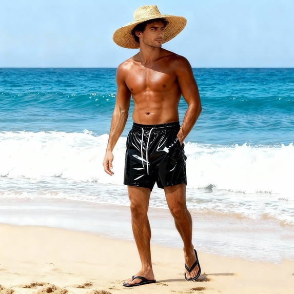 Mens Swim Trunks Plus Size Elastic Waist Shiny Metallic Straight Leg Boxer Shorts with Pockets Beach Swim Shorts S-5XL