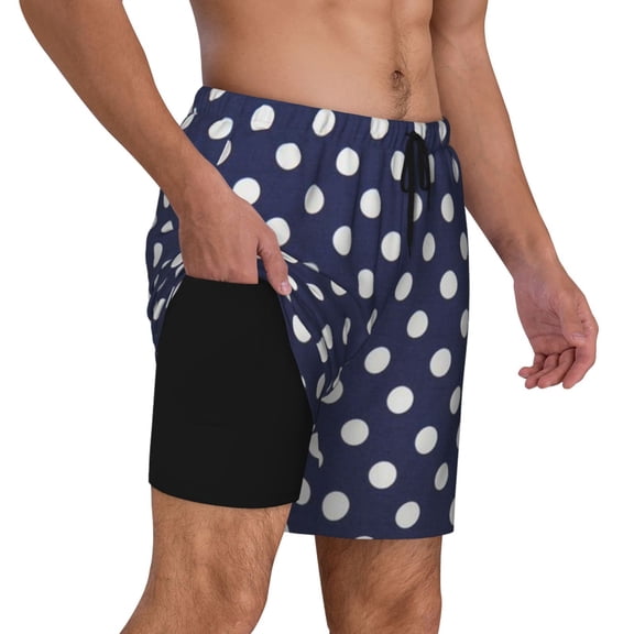 Mens Swim Trunks Polka Dot Navy Pattern Quick Dry Board Shorts with Compression Liner