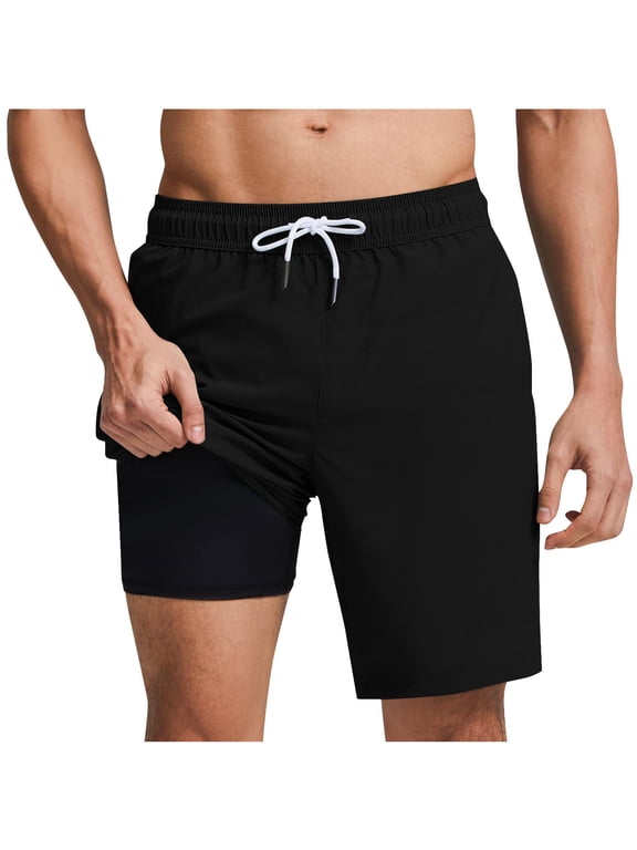 Mens Swim Trunks Quick Dry Bathing Suit 9 inch Inseam Board Shorts with Compression Liner and Zipper Pocket