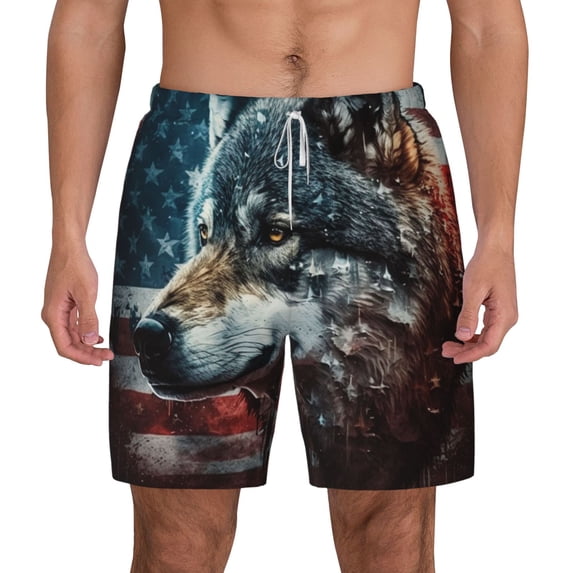 Mens Swim Trunks Quick Dry Bathing Suit with Liner Beach Shorts American Flag Wolf Art USA
