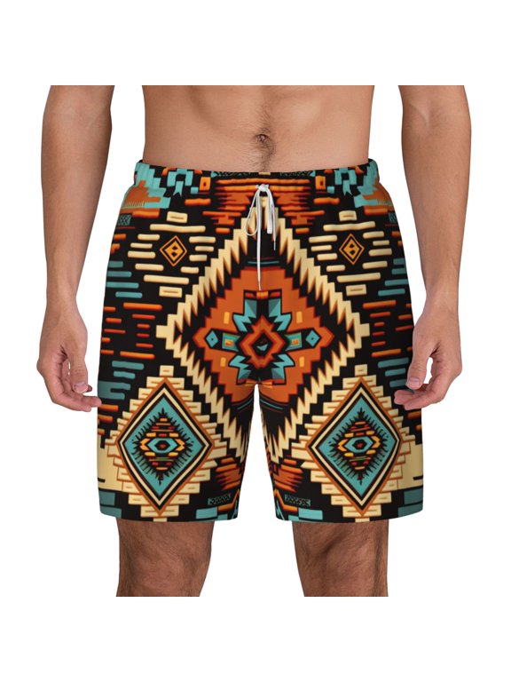 Mens Swim Trunks Quick Dry Bathing Suit with Liner Beach Shorts, Aztec Baja Western Native Southwest