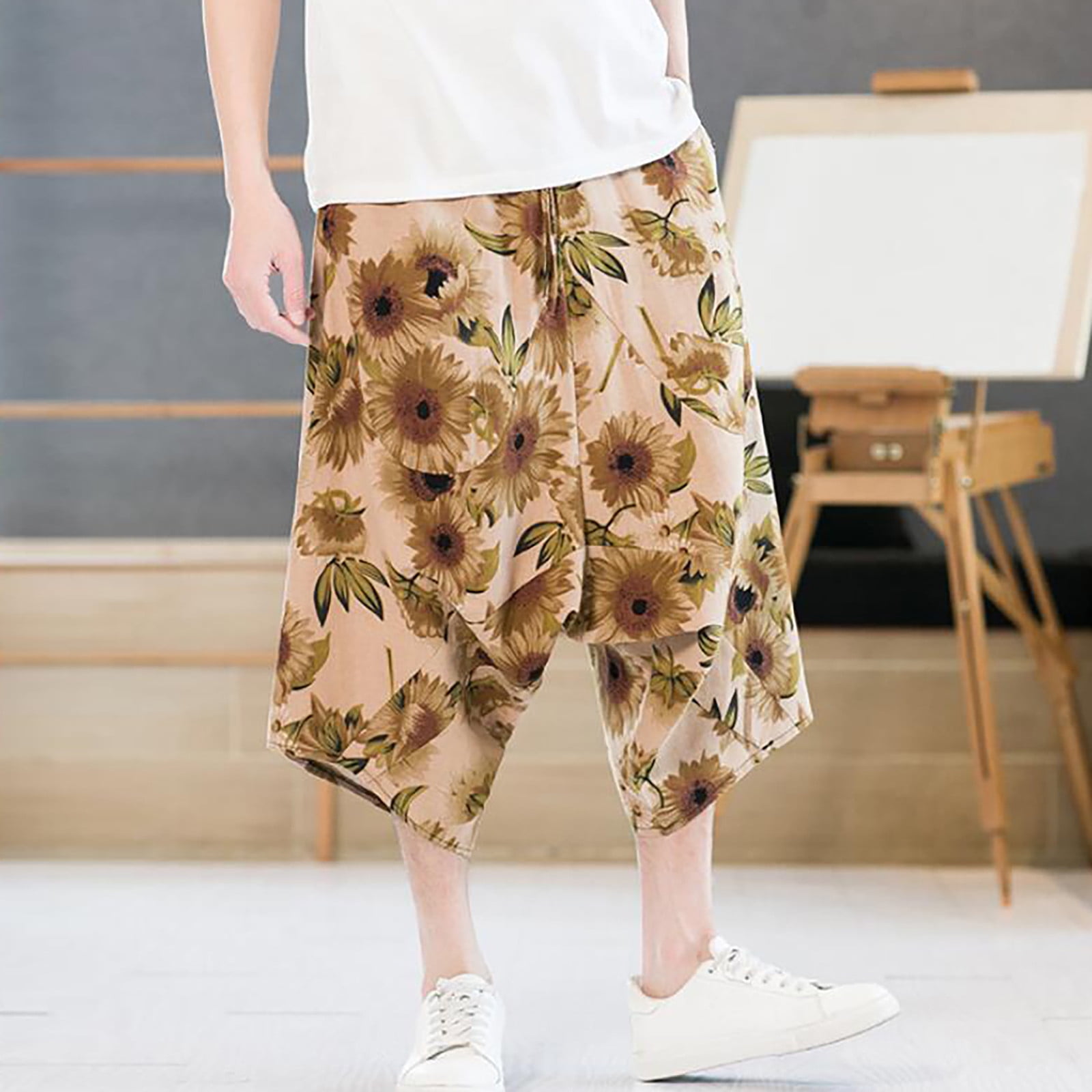 Summer Men Cropped Pants Capri Sports Shorts Bottoms Casual Drawstring  Trousers