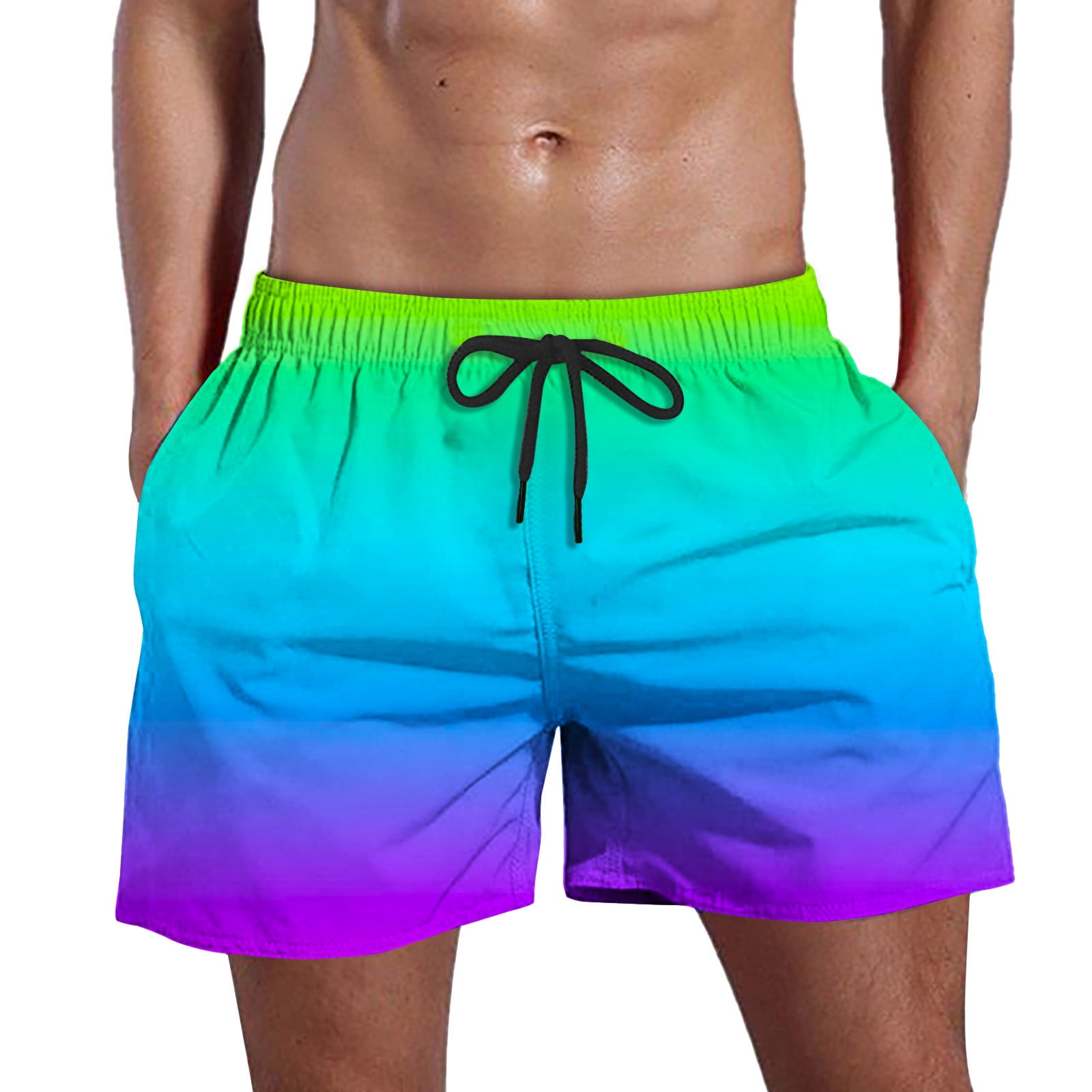 Mens Swim Trunks Rainbow Seven Color Rendering Print Shorts with Mesh