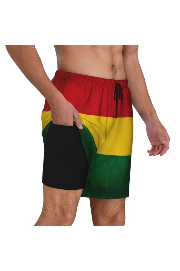 Mens Swim Trunks Reggae Rasta Flag Quick Dry Board Shorts with Compression Liner