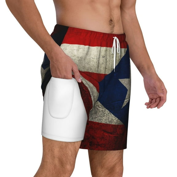 Mens Swim Trunks Retro Puerto-Rico-Flag Quick Dry Board Shorts with Compression Liner