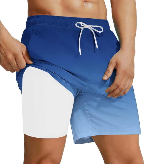 Mens Swim Trunks Summer Printed Quickly Dry Drawstring Swimsuit Funny Beach Shorts with Compression Liner (M, Blue)