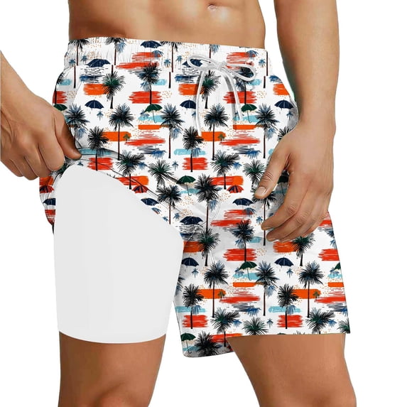 Mens Swim Trunks Summer Printed Quickly Dry Drawstring Swimsuit Funny Beach Shorts with Compression Liner (XXL, White)
