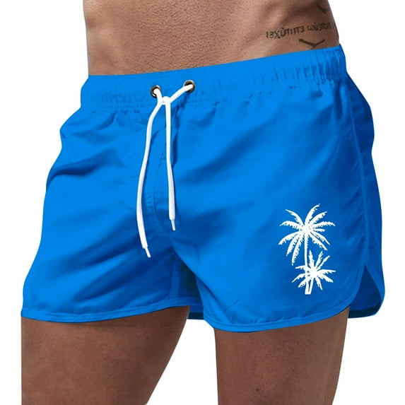 Mens Swim Trunks Summer Sports Fashion Leisure Travel Polyester Coconut Tree Printed Beach Shorts For Men Swim Shorts Blue XL