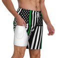 thumbnail image 1 of Mens Swim Trunks Thin Green Line Flag Quick Dry Board Shorts with Compression Liner, 1 of 6