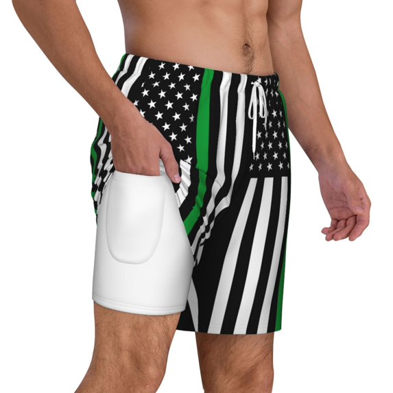 Mens Swim Trunks Thin Green Line Flag Quick Dry Board Shorts with Compression Liner