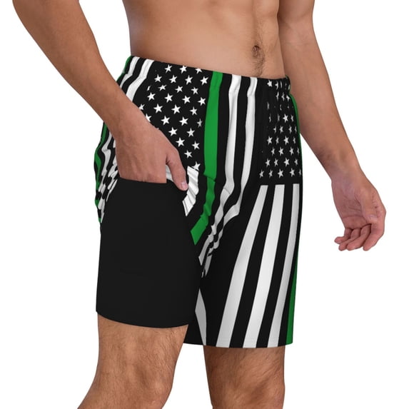 Mens Swim Trunks Thin Green Line Flag Quick Dry Board Shorts with Compression Liner