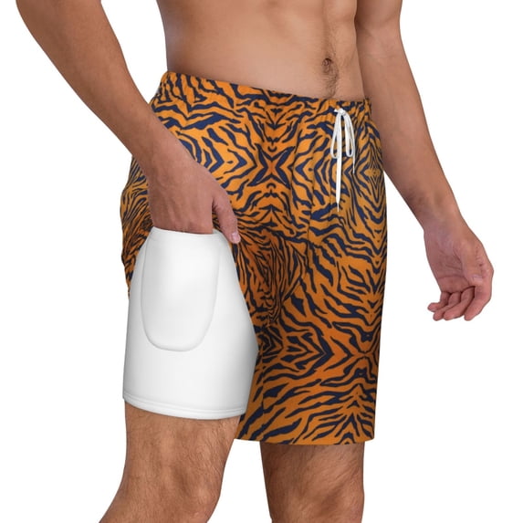Mens Swim Trunks Tiger Print Animal Print 2 in 1 Quick Dry Beach Shorts with Compression Liner