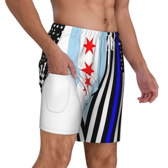 Mens Swim Trunks Us Thin Blue Line Flag Of Chicago Quick Dry Board Shorts with Compression Liner