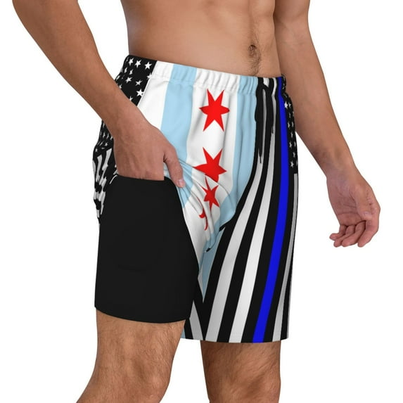 Mens Swim Trunks Us Thin Blue Line Flag Of Chicago Quick Dry Board Shorts with Compression Liner