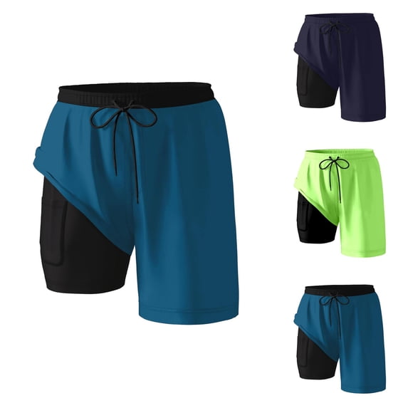 Mens Swim Trunks with Compression Liner 2 in 1 Elastic Waist Drawstring Straight Leg Beach Shorts with Pockets