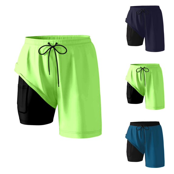 Mens Swim Trunks with Compression Liner 2 in 1 Elastic Waist Drawstring Straight Leg Beach Shorts with Pockets