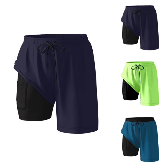 Mens Swim Trunks with Compression Liner 2 in 1 Elastic Waist Drawstring Straight Leg Beach Shorts with Pockets