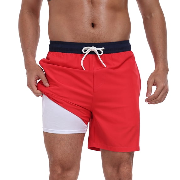 Mens Swim Trunks with Compression Liner 2 in 1 Quick Dry Bathing Suit Beach Shorts with Zipper Pockets