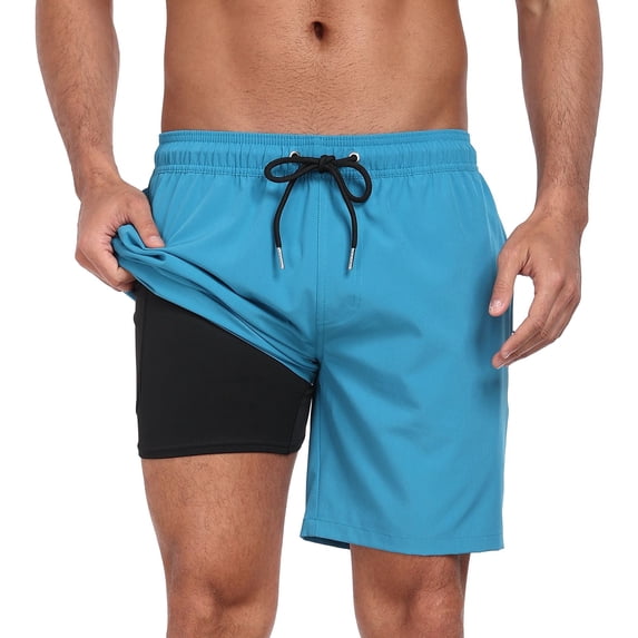 Mens Swim Trunks with Compression Liner 2 in 1 Quick Dry Bathing Suit Beach Shorts with Zipper Pockets