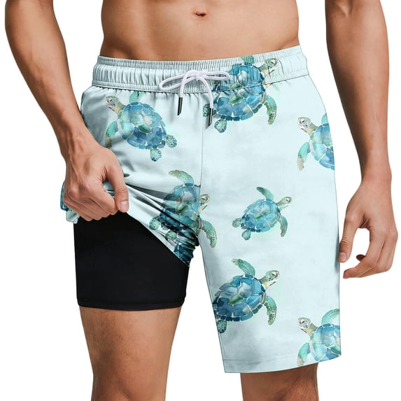 Mens Swim Trunks with Compression Liner 2 in 1 Quick Dry Hawaiian Print Swimming Shorts Lightweight Drawstring Beach Board Shorts