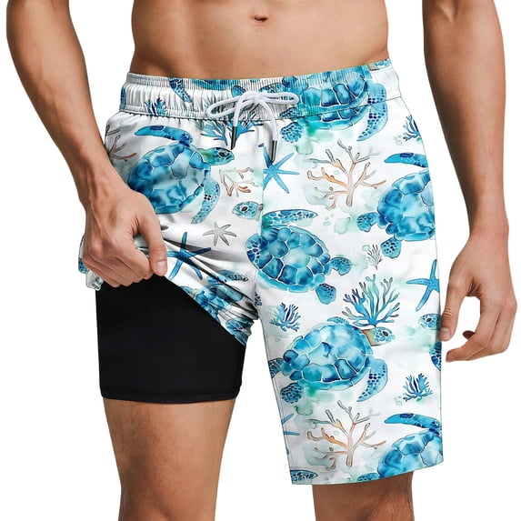 Mens Swim Trunks with Compression Liner 2 in 1 Quick Dry Hawaiian Print Swimming Shorts Lightweight Drawstring Beach Board Shorts