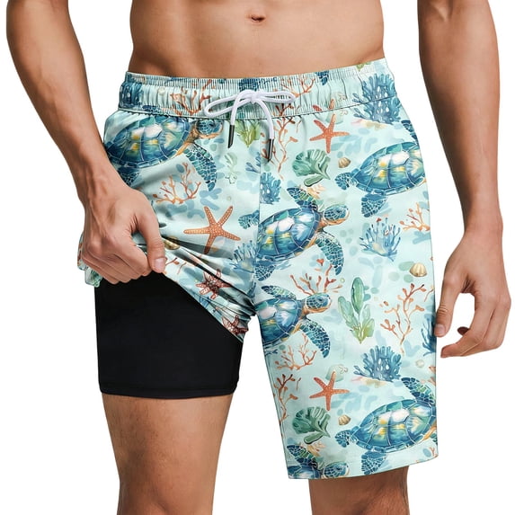 Mens Swim Trunks with Compression Liner 2 in 1 Quick Dry Hawaiian Print Swimming Shorts Lightweight Drawstring Beach Board Shorts