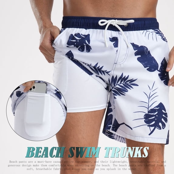 Mens Swim Trunks with Compression Liner 7 inch Inseam Quick Dry 2 in 1 Beach Board Shorts with Pockets Fashionable Vacation Beach Pants