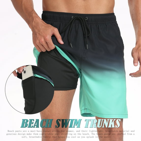 Mens Swim Trunks with Compression Liner 7 inch Inseam Quick Dry 2 in 1 Beach Board Shorts with Pockets Fashionable Vacation Beach Pants