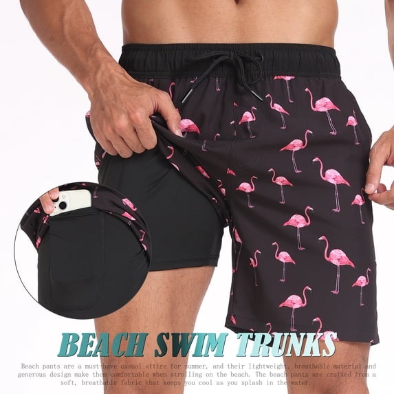 Mens Swim Trunks with Compression Liner 7 inch Inseam Quick Dry 2 in 1 Beach Board Shorts with Pockets Fashionable Vacation Beach Pants