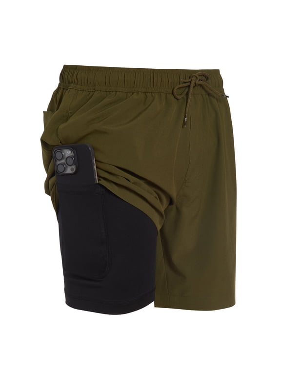 Mens Swim Trunks with Compression Liner Anti Chafing 7 inch inseam Stretch Quick Dry Swim Shorts with Phone Pocket