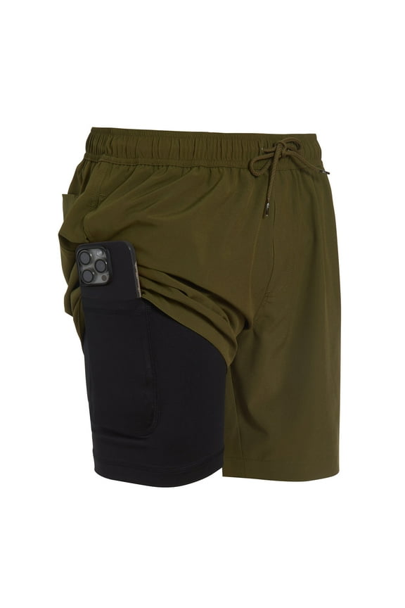 Mens Swim Trunks with Compression Liner Anti Chafing 7 inch inseam Stretch Quick Dry Swim Shorts with Phone Pocket