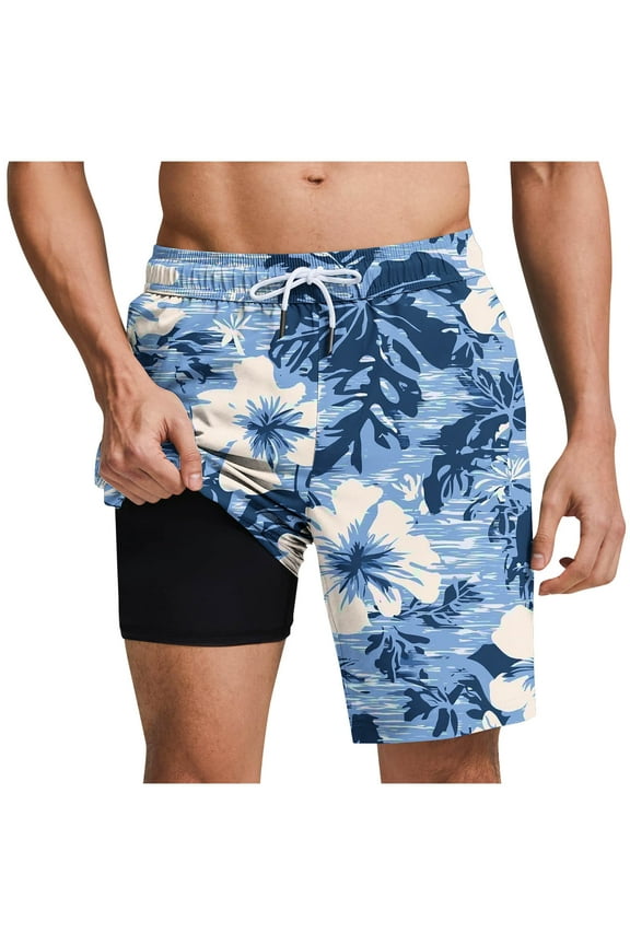 Mens Swim Trunks with Compression Liner Bathing Suit 7 Inch Inseam Quick Drying Board Shorts Swimwear