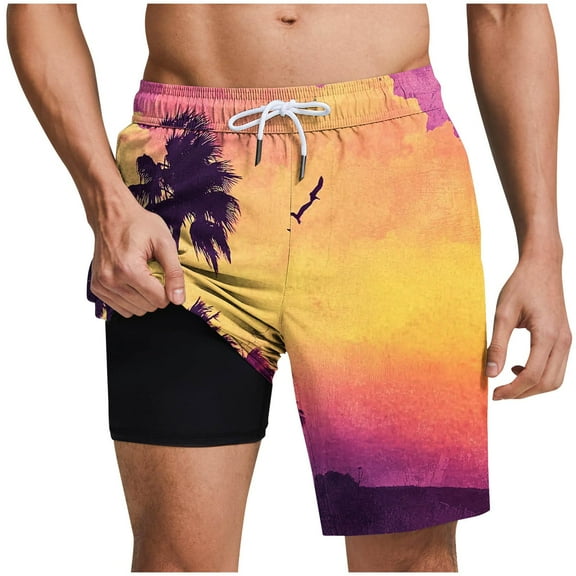 Mens Swim Trunks with Compression Liner Bathing Suit 7 Inch Inseam Quick Drying Board Shorts Swimwear