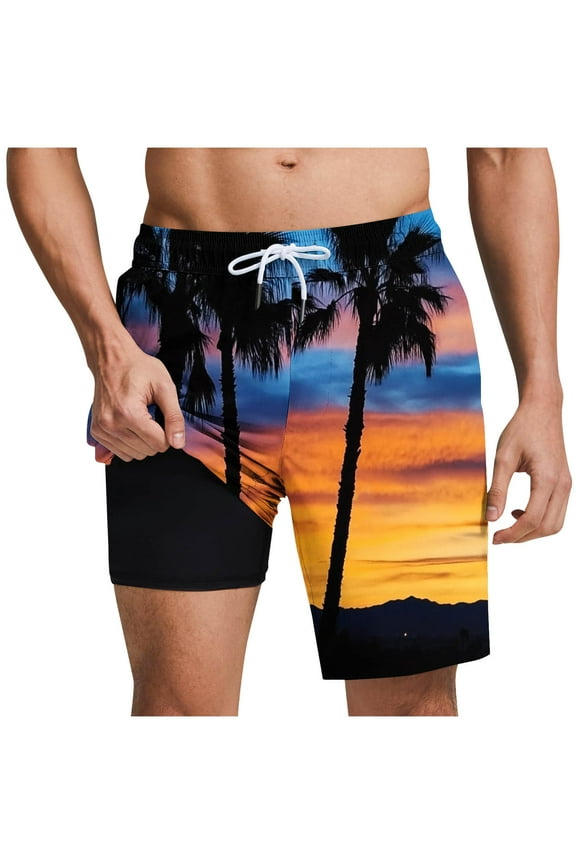 Mens Swim Trunks with Compression Liner Bathing Suit 7 Inch Inseam Quick Drying Board Shorts Swimwear