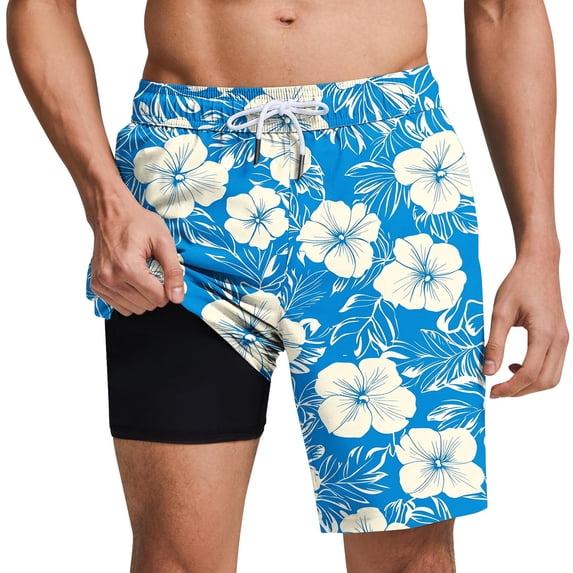 Mens Swim Trunks with Compression Liner Drawstring Printed Summer Beach Shorts Quickly Dry Fashion Swimwear (S, Blue)