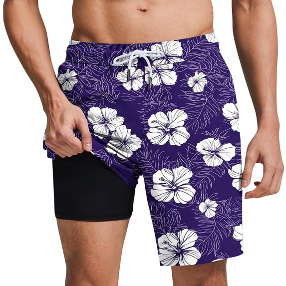 Mens Swim Trunks with Compression Liner Drawstring Printed Summer Beach Shorts Quickly Dry Fashion Swimwear (XL, Purple)